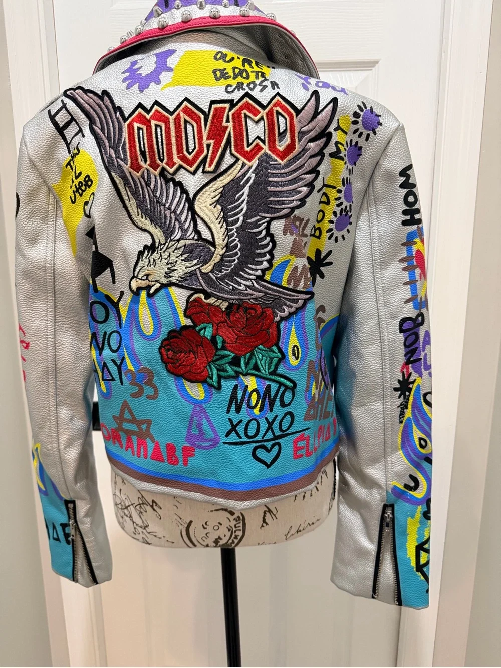 Azalea Wang Graffiti Silver Jacket Embellished Eagle Rose Statement Piece